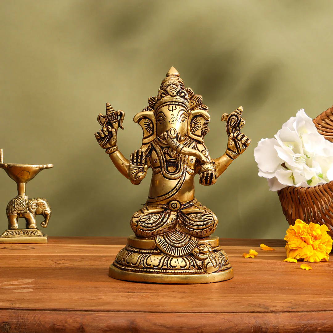 Brass Lord Sitting Ganesha Idol (6.8 Inch)