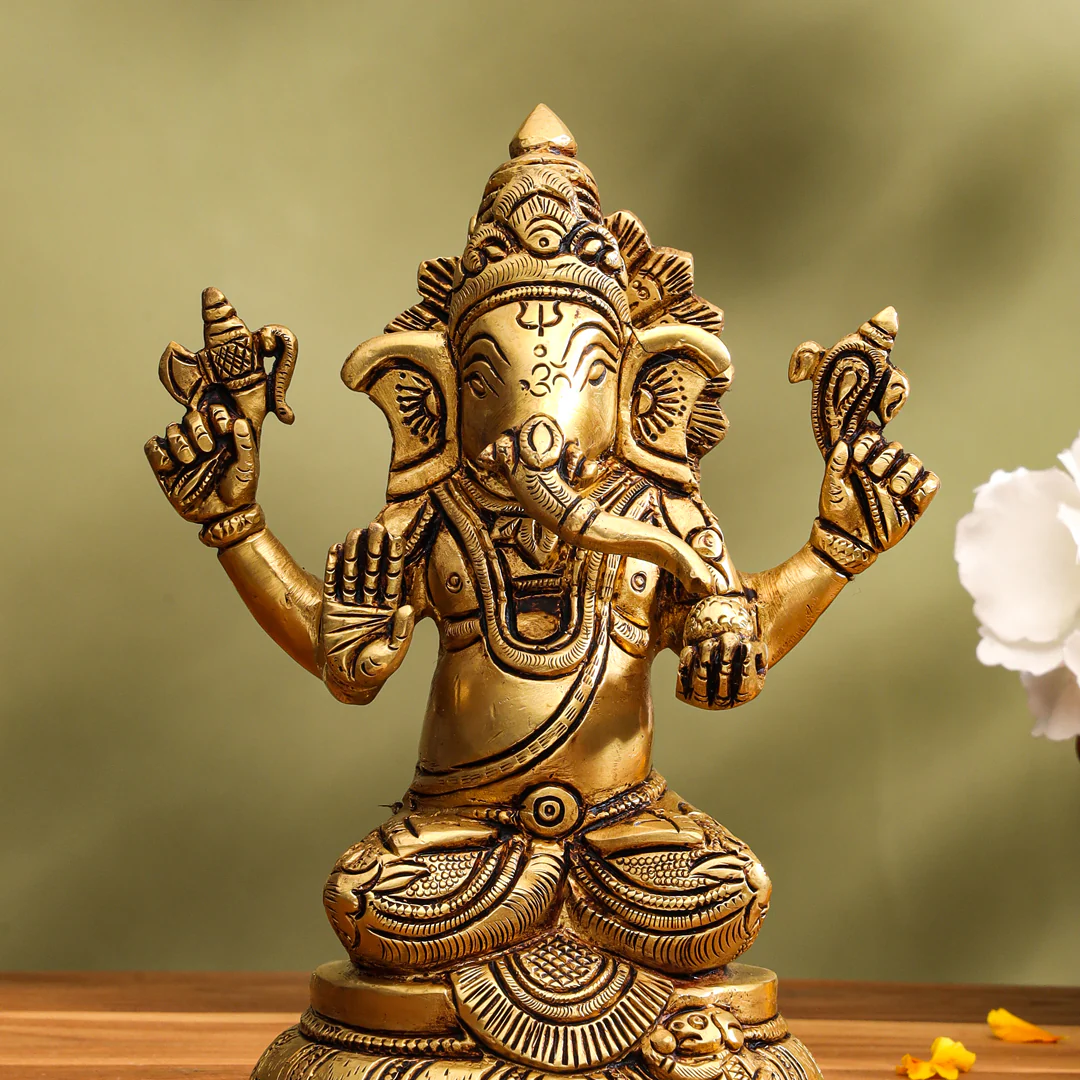 Brass Lord Sitting Ganesha Idol (6.8 Inch) - Image 2