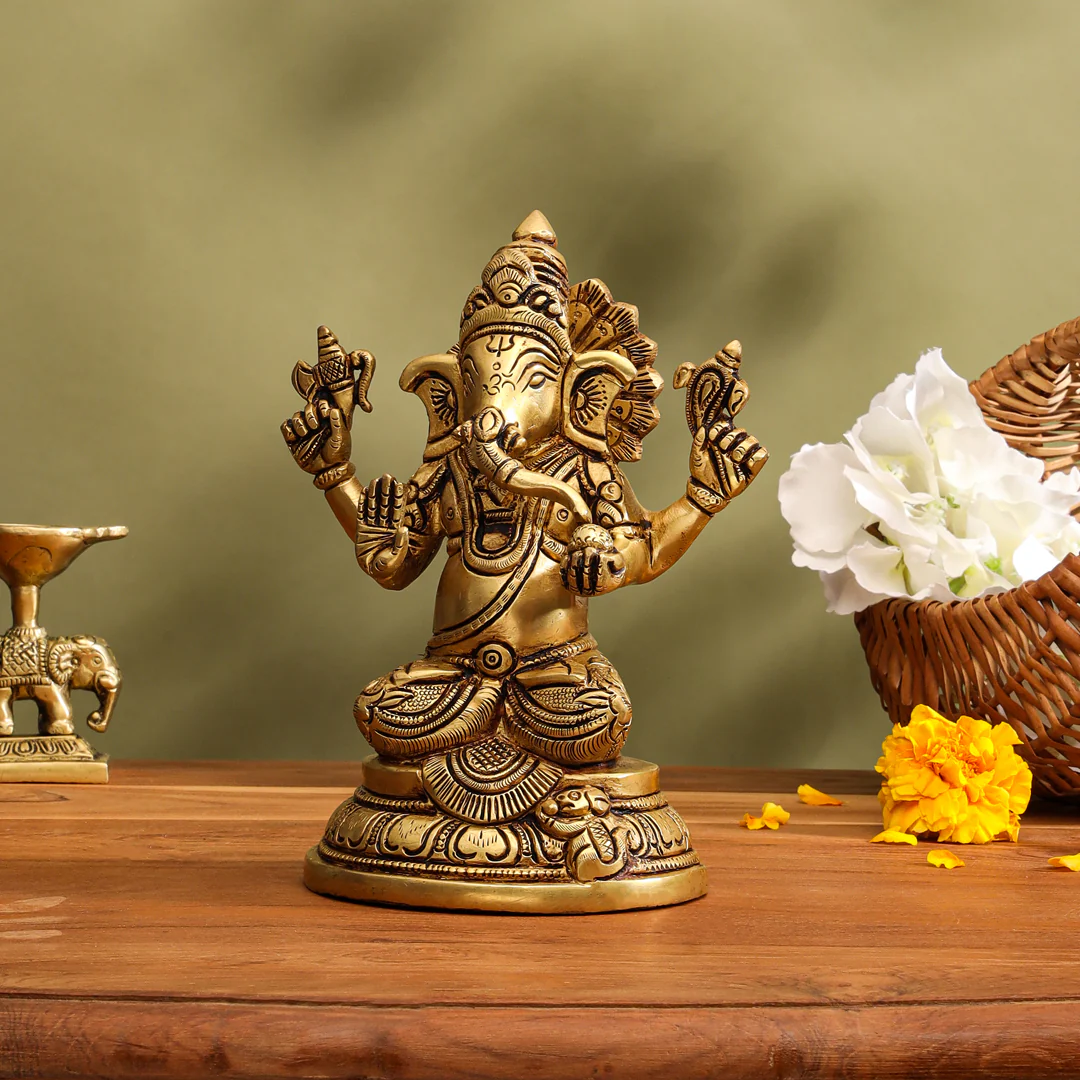 Brass Lord Sitting Ganesha Idol (6.8 Inch) - Image 3