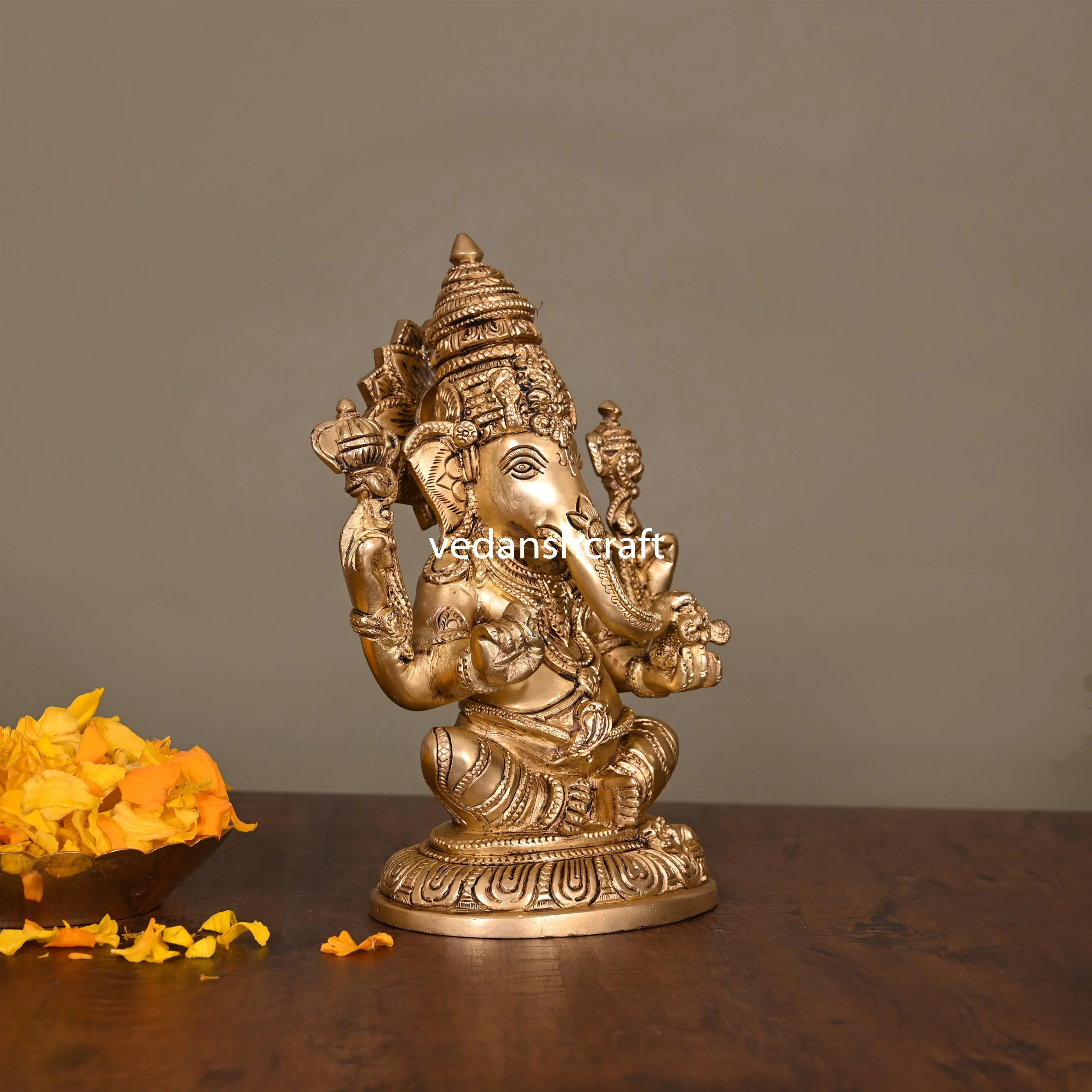 Brass Lord Sitting Ganesha Idol (7.5 Inch) - Image 2