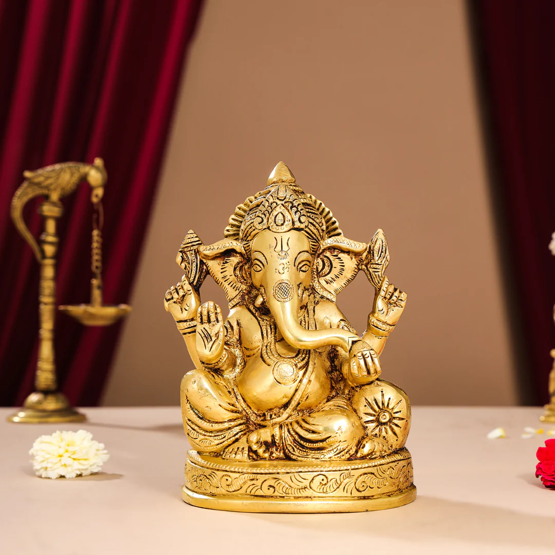 Brass Lord Sitting Ganesha Idol (7 Inch)