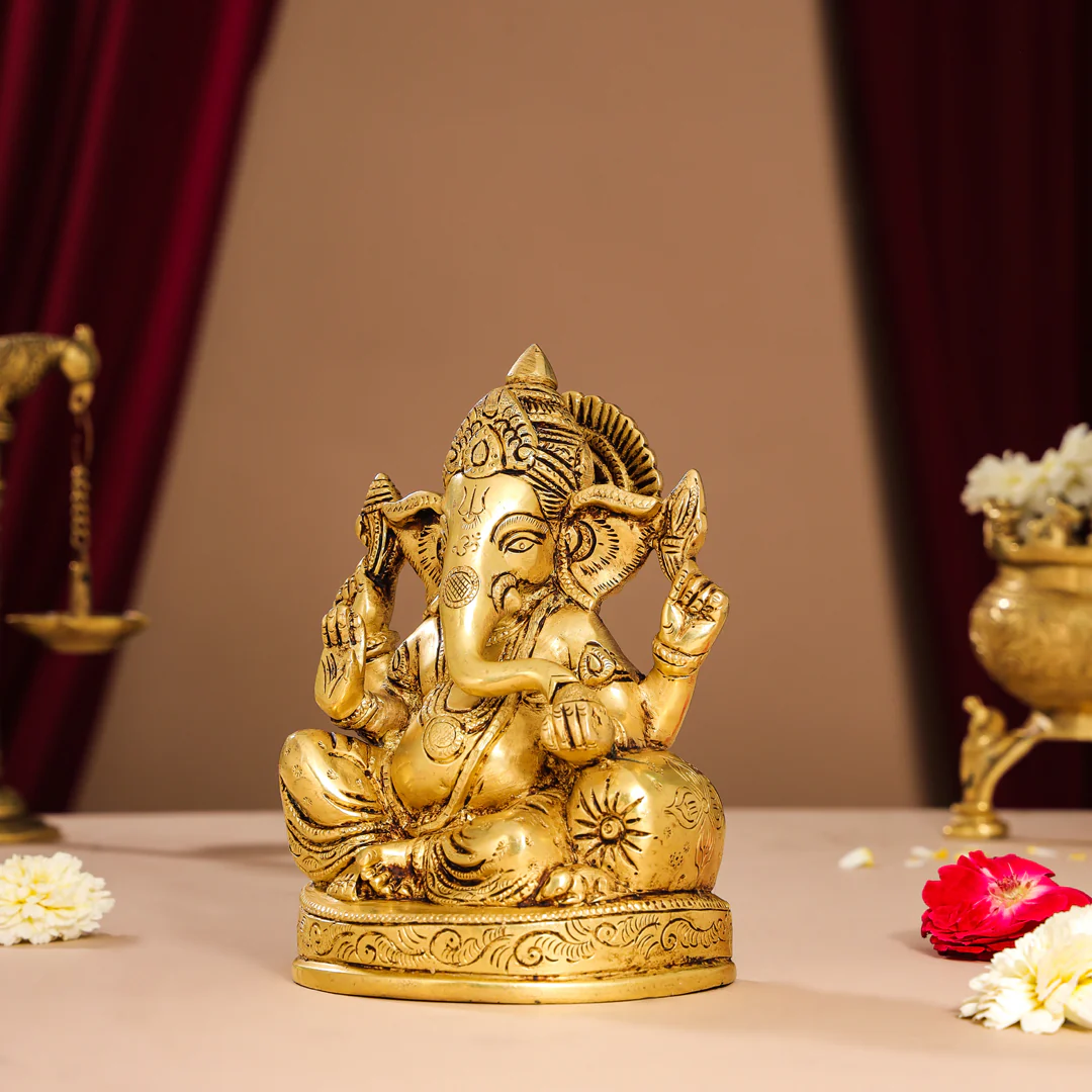 Brass Lord Sitting Ganesha Idol (7 Inch) - Image 2