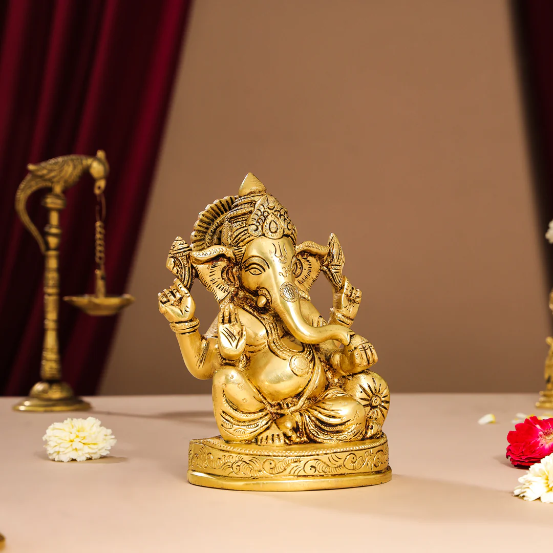 Brass Lord Sitting Ganesha Idol (7 Inch) - Image 3