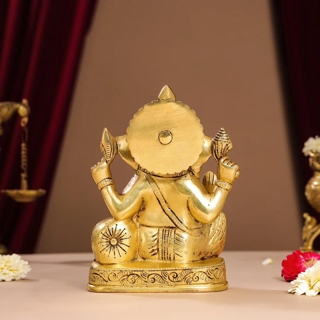 Brass Lord Sitting Ganesha Idol (7 Inch) - Image 4