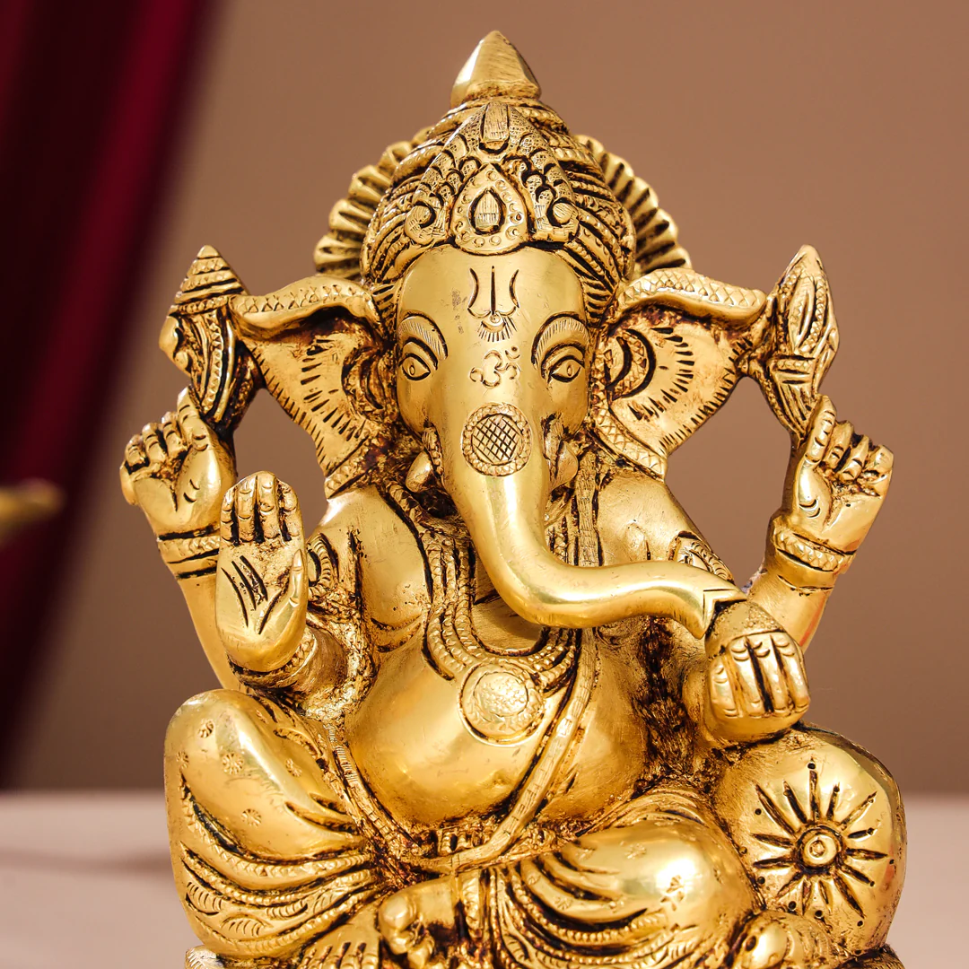 Brass Lord Sitting Ganesha Idol (7 Inch) - Image 5