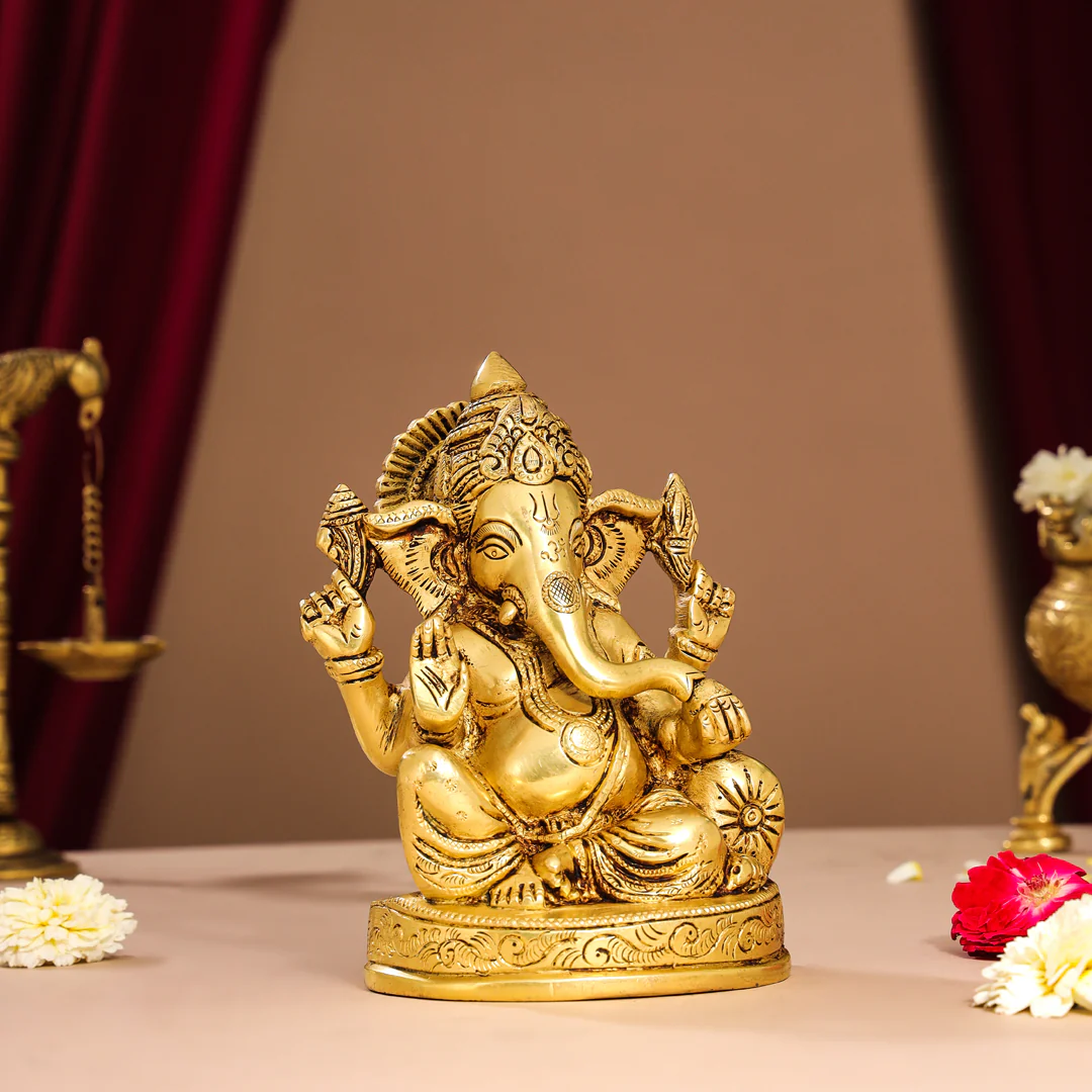 Brass Lord Sitting Ganesha Idol (7 Inch) - Image 7