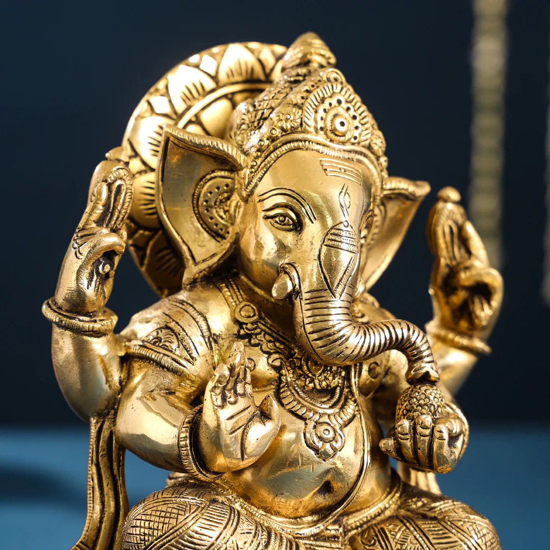 Brass Lord Sitting Ganesha Idol (8.7 Inch) - Image 5