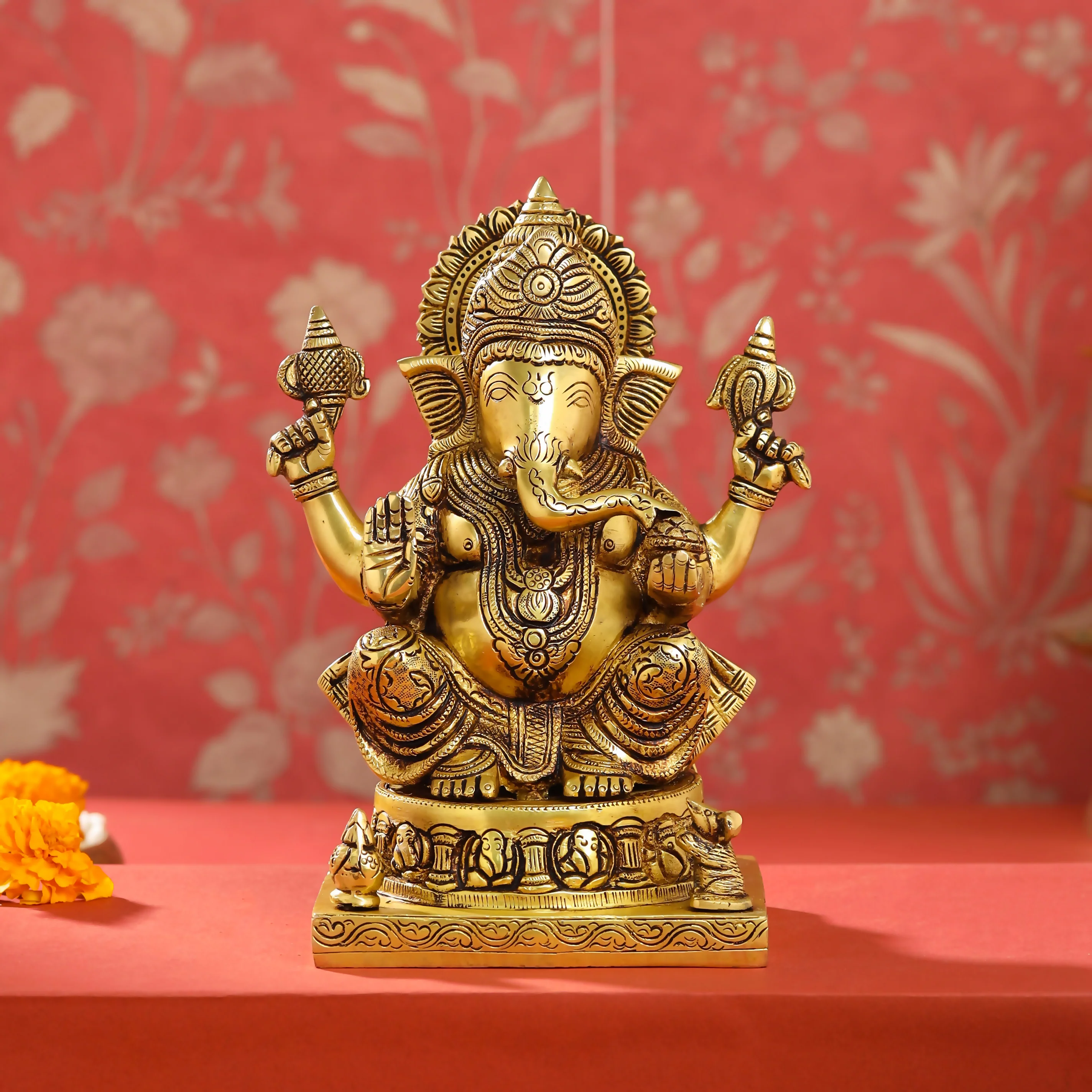 Brass Lord Sitting Ganesha Idol (9.5 Inch)