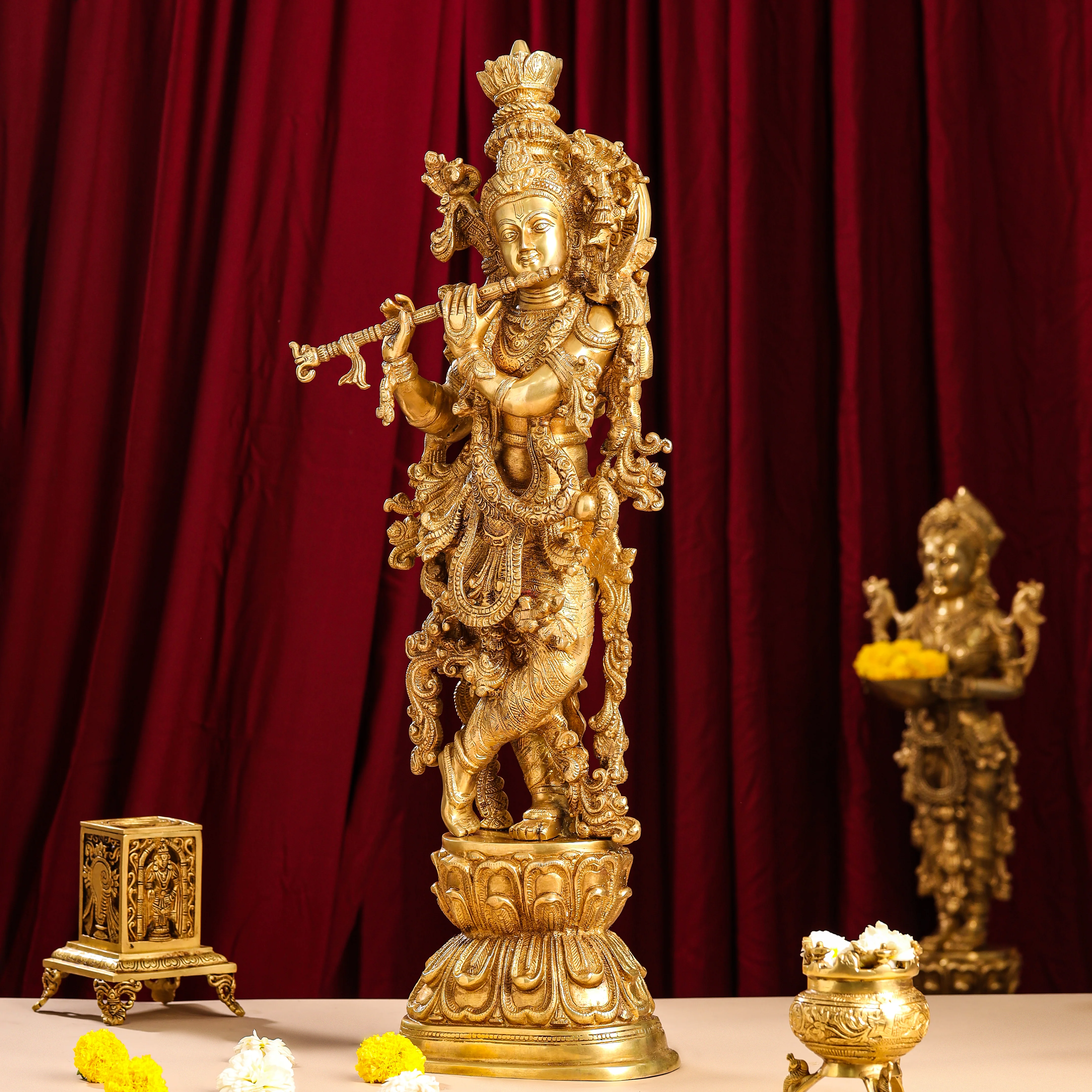 Brass Standing Lord Krishna Idol (30 Inch) - Image 2