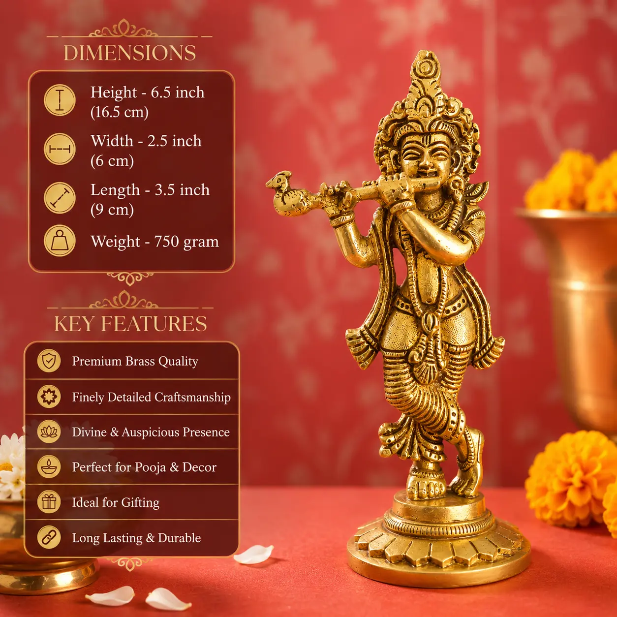 Brass Standing Krishna Idol (6.5 Inch) - Image 5