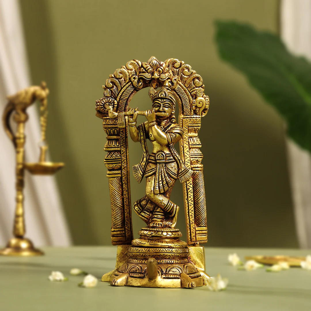 Brass Standing Lord Krishna Idol On Tortoise (8 Inch)