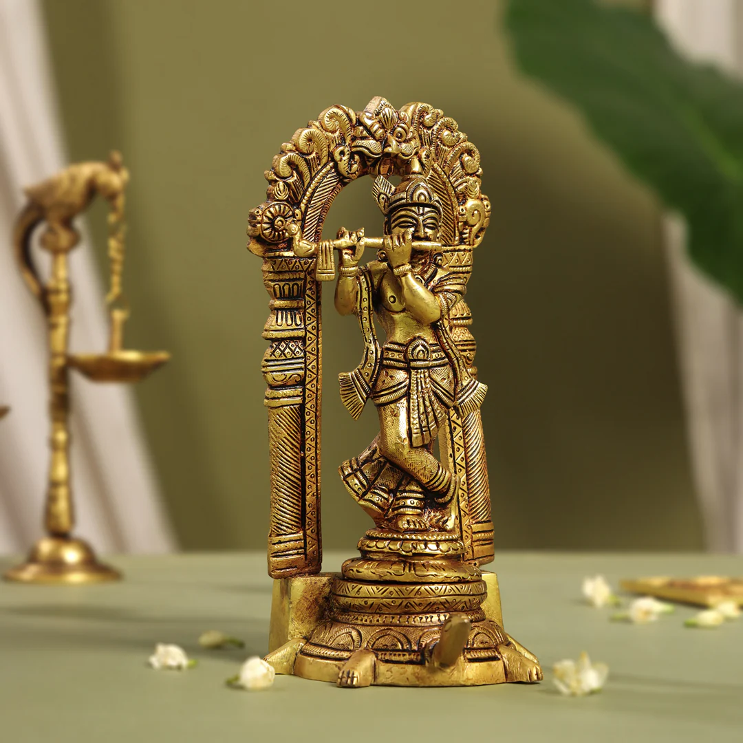 Brass Standing Lord Krishna Idol On Tortoise (8 Inch) - Image 2