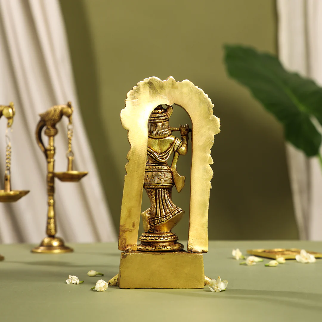 Brass Standing Lord Krishna Idol On Tortoise (8 Inch) - Image 3