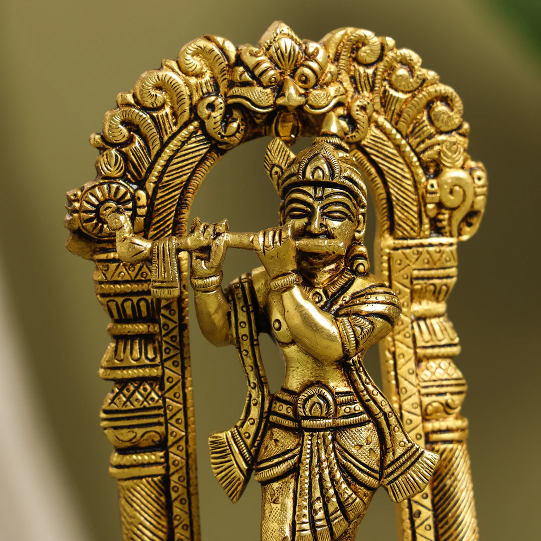 Brass Standing Lord Krishna Idol On Tortoise (8 Inch) - Image 4