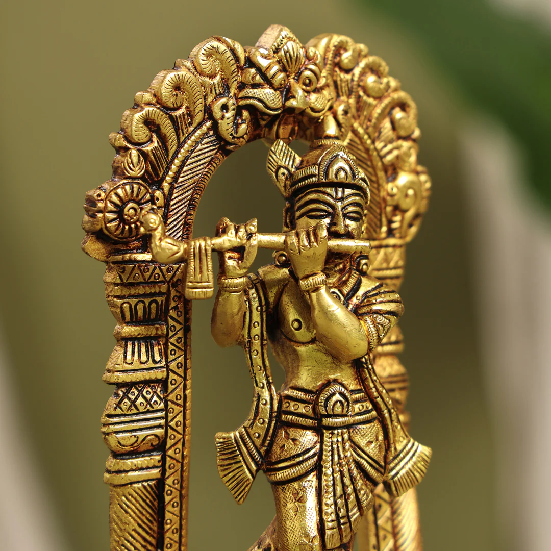Brass Standing Lord Krishna Idol On Tortoise (8 Inch) - Image 5