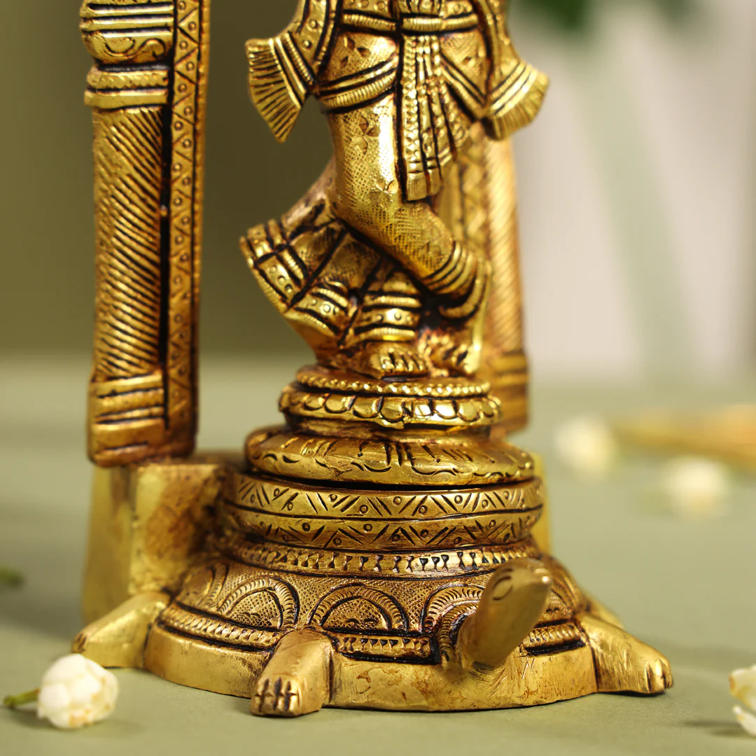 Brass Standing Lord Krishna Idol On Tortoise (8 Inch) - Image 6