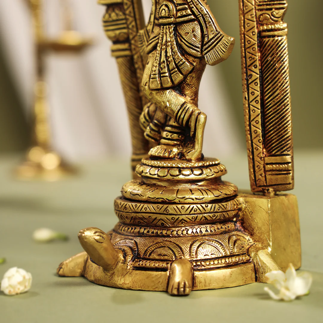 Brass Standing Lord Krishna Idol On Tortoise (8 Inch) - Image 7