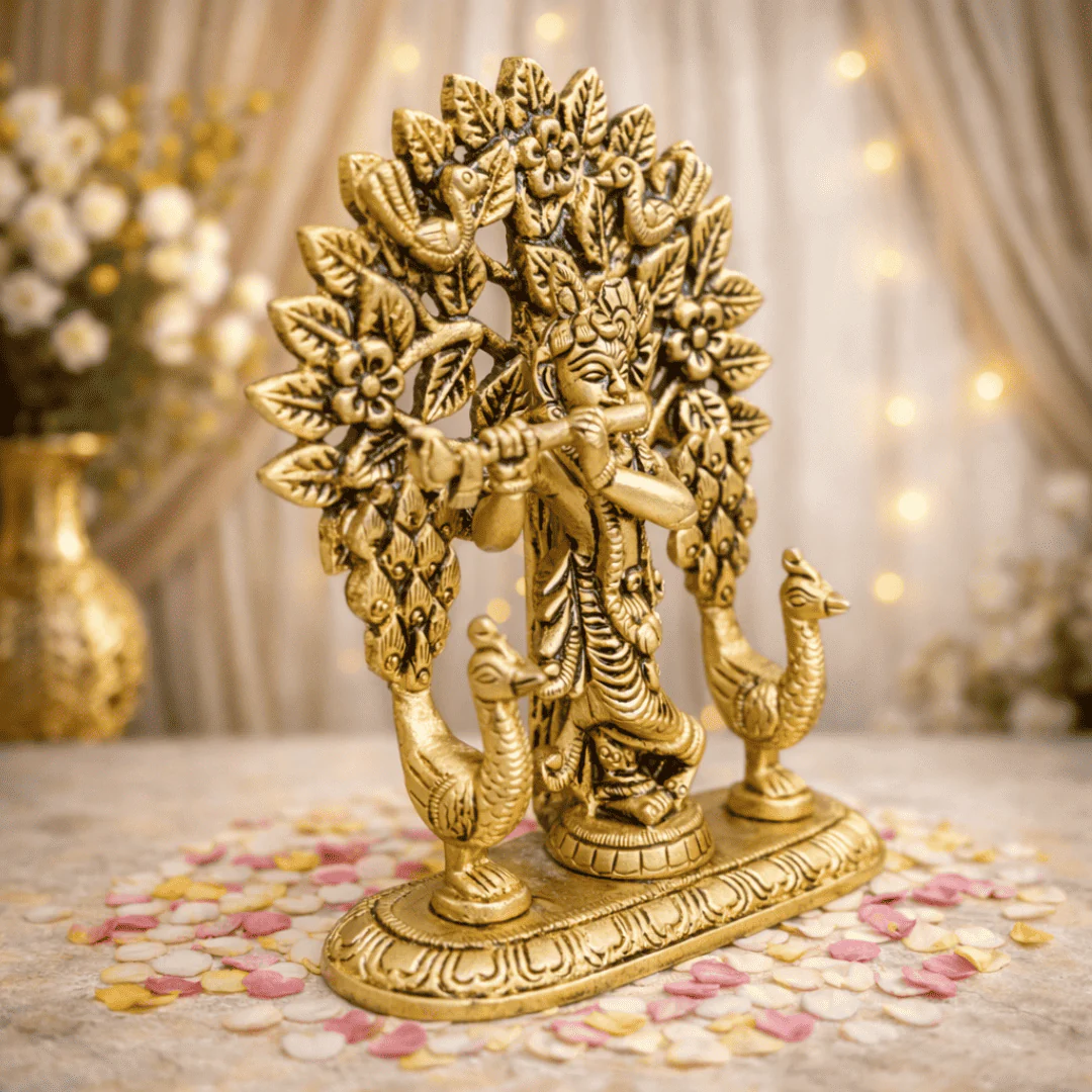 Brass Lord Krishna Standing Statue With Tree And Peacock (5 Inch) - Image 2