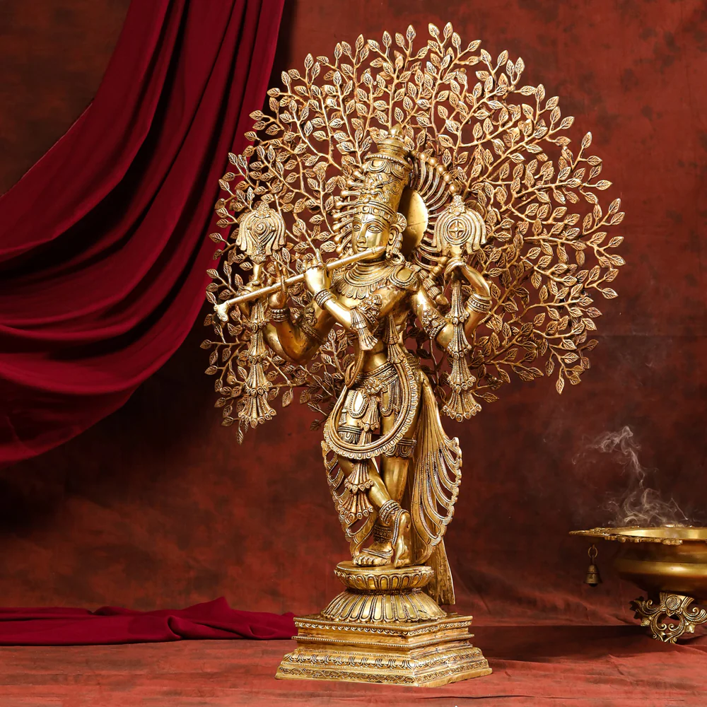 Brass Standing Lord Krishna Statue With Tree (38 Inch)