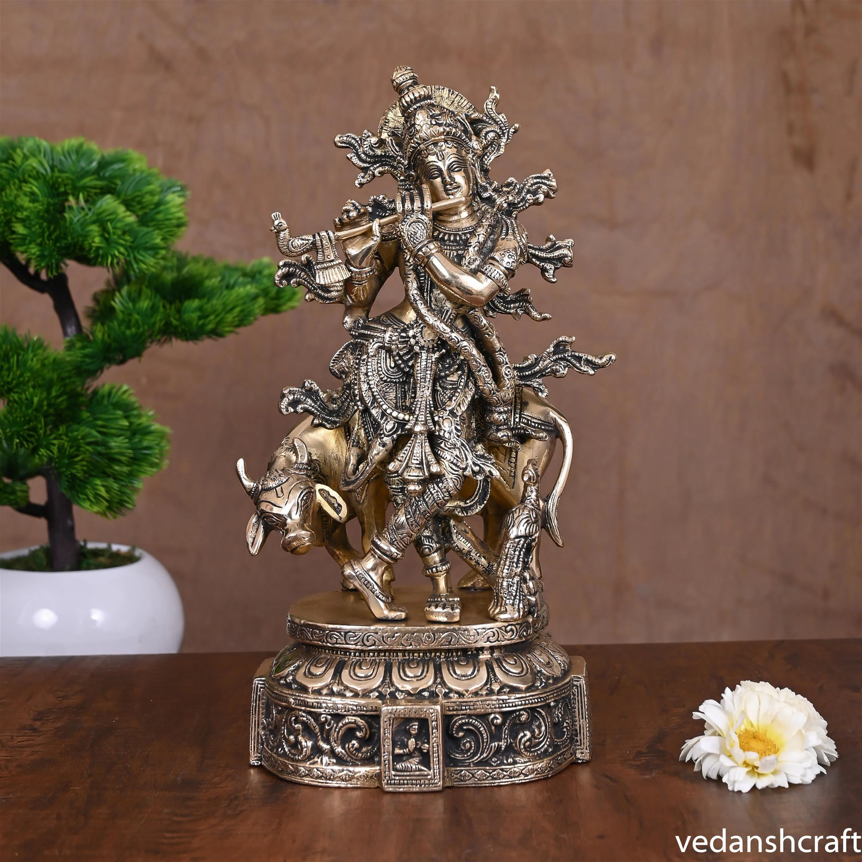 Brass Standing Lord Krishna With Cow Idol (12")