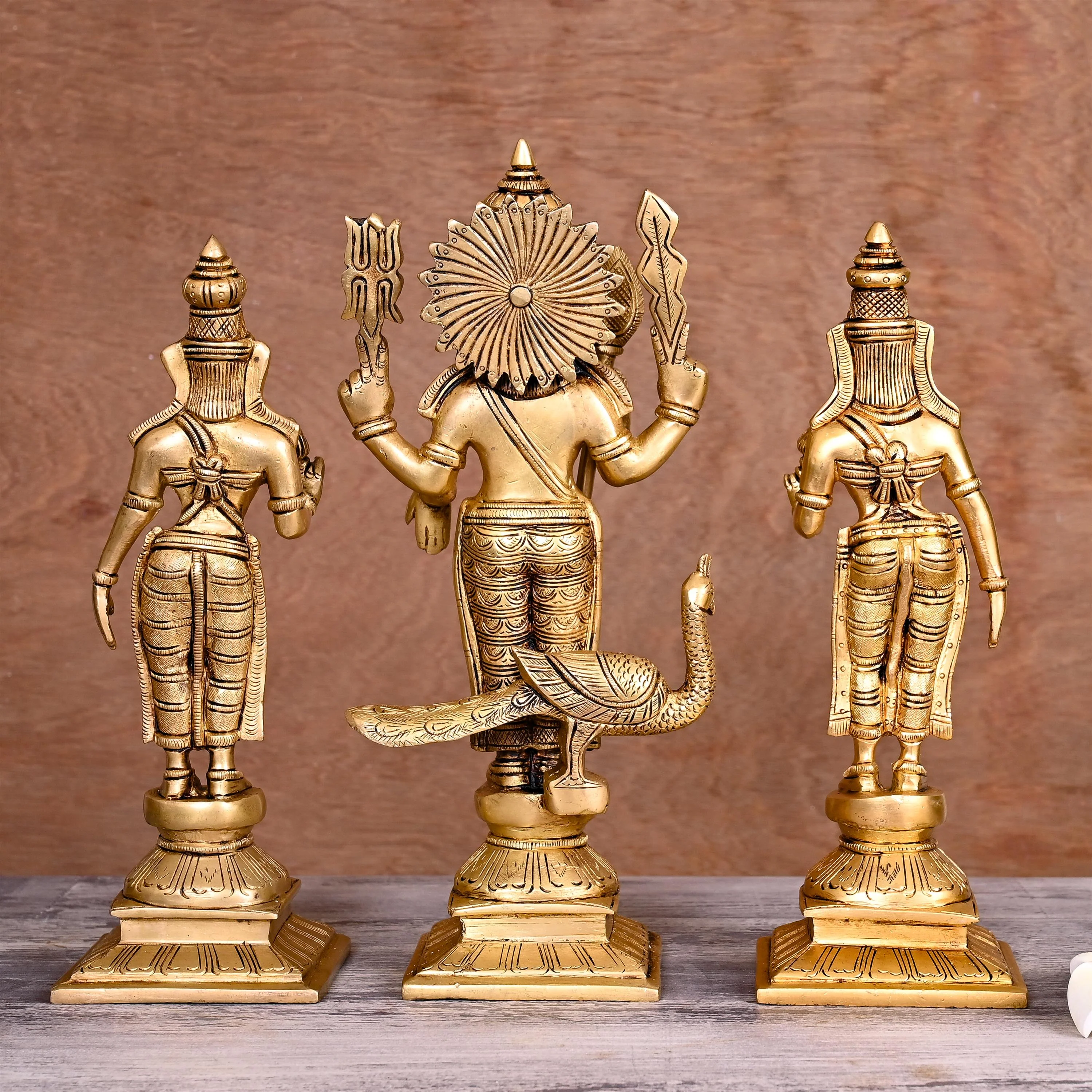 Brass Standing Lord Murugan With Devasena And Valli Statues (11") - Image 3
