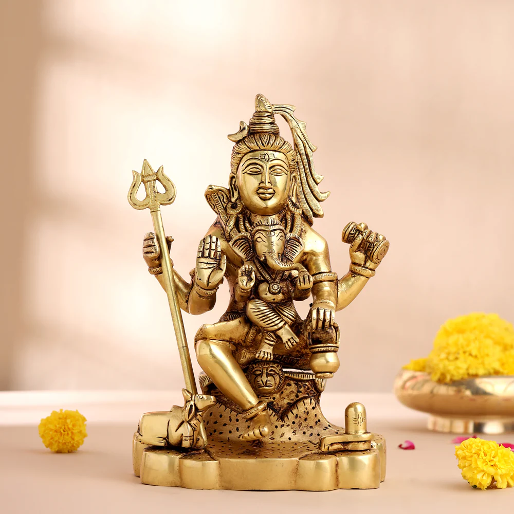 Brass Sitting Lord Shiva With Ganesha Idol (9 Inch)