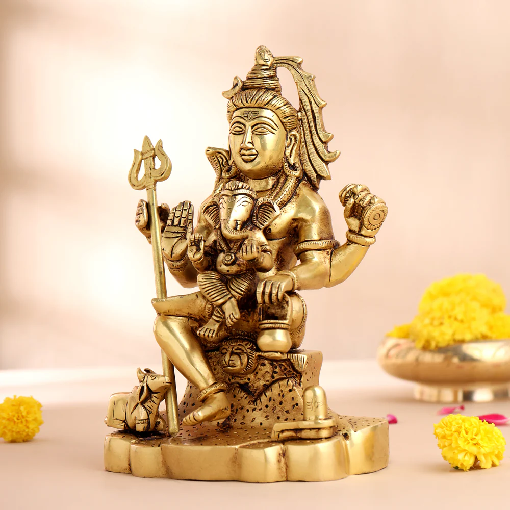 Brass Sitting Lord Shiva With Ganesha Idol (9 Inch) - Image 2