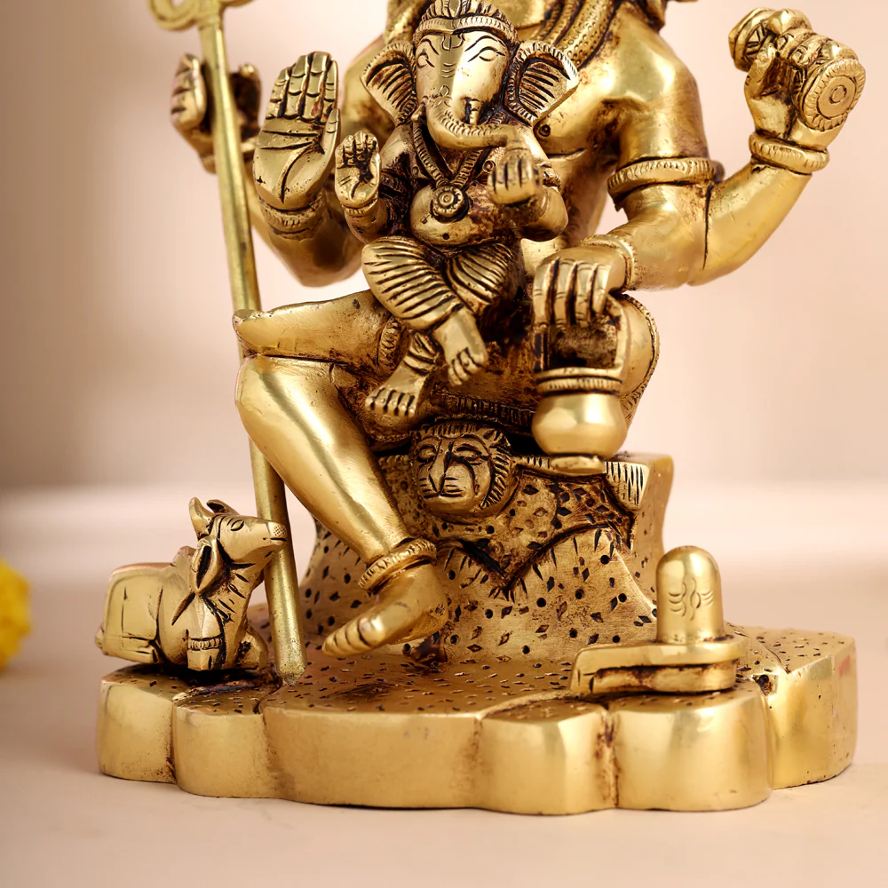 Brass Sitting Lord Shiva With Ganesha Idol (9 Inch) - Image 6