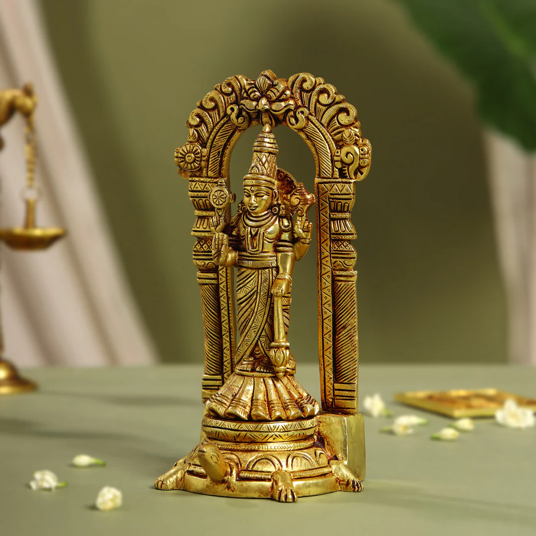 Brass Standing Lord Vishnu Idol On Tortoise (8 Inch) - Image 2