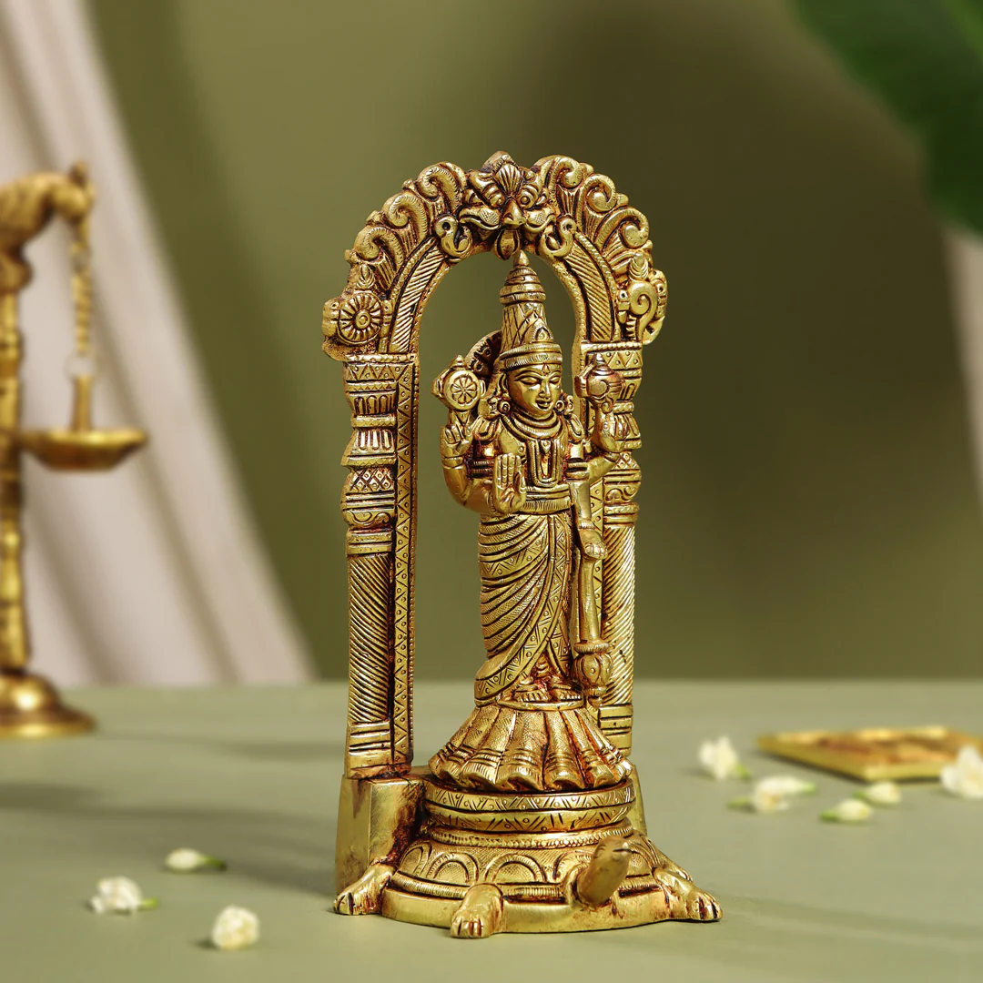Brass Standing Lord Vishnu Idol On Tortoise (8 Inch) - Image 3
