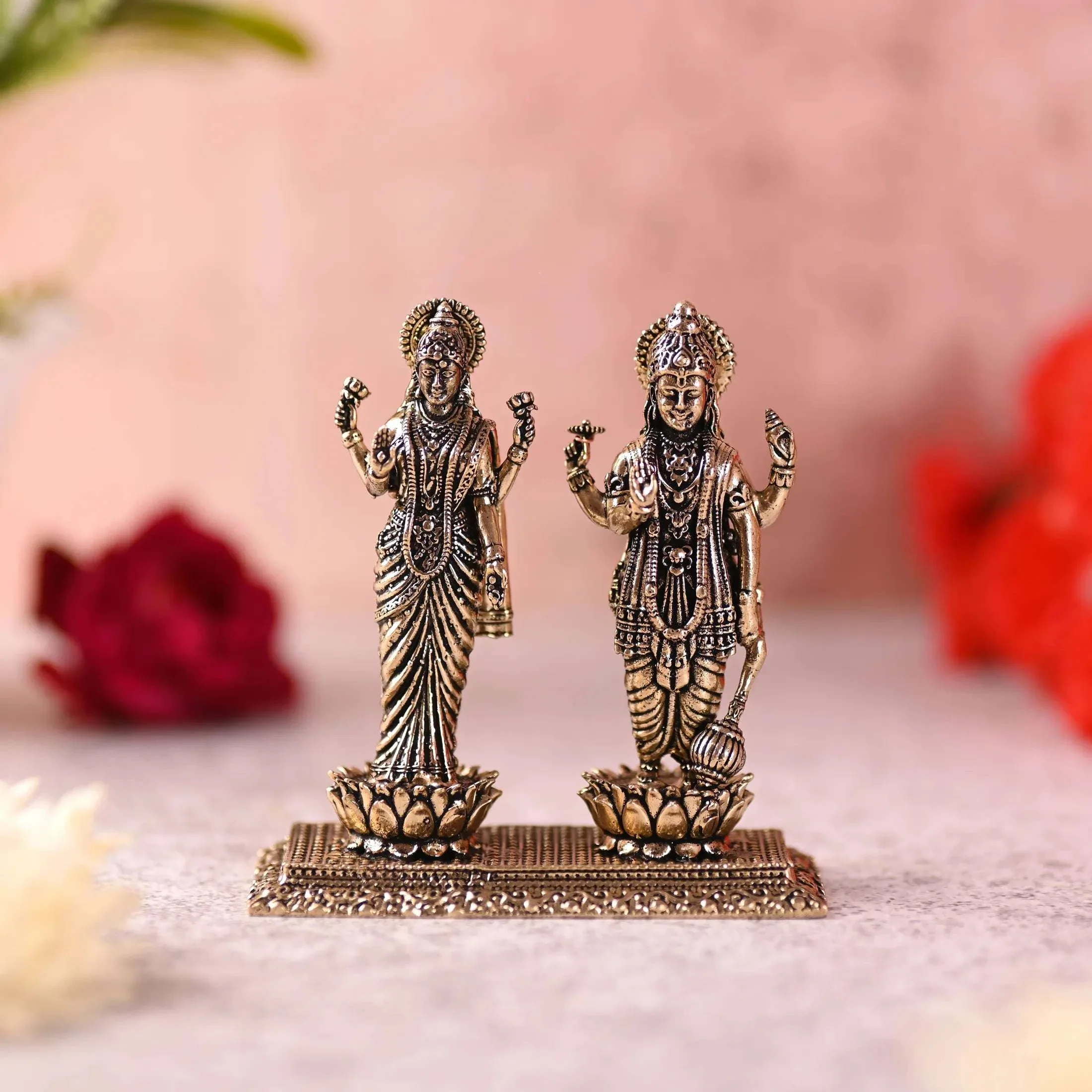 Brass Lord Vishnu And Lakshmi Standing Lightweight Idol (3.2 Inch)