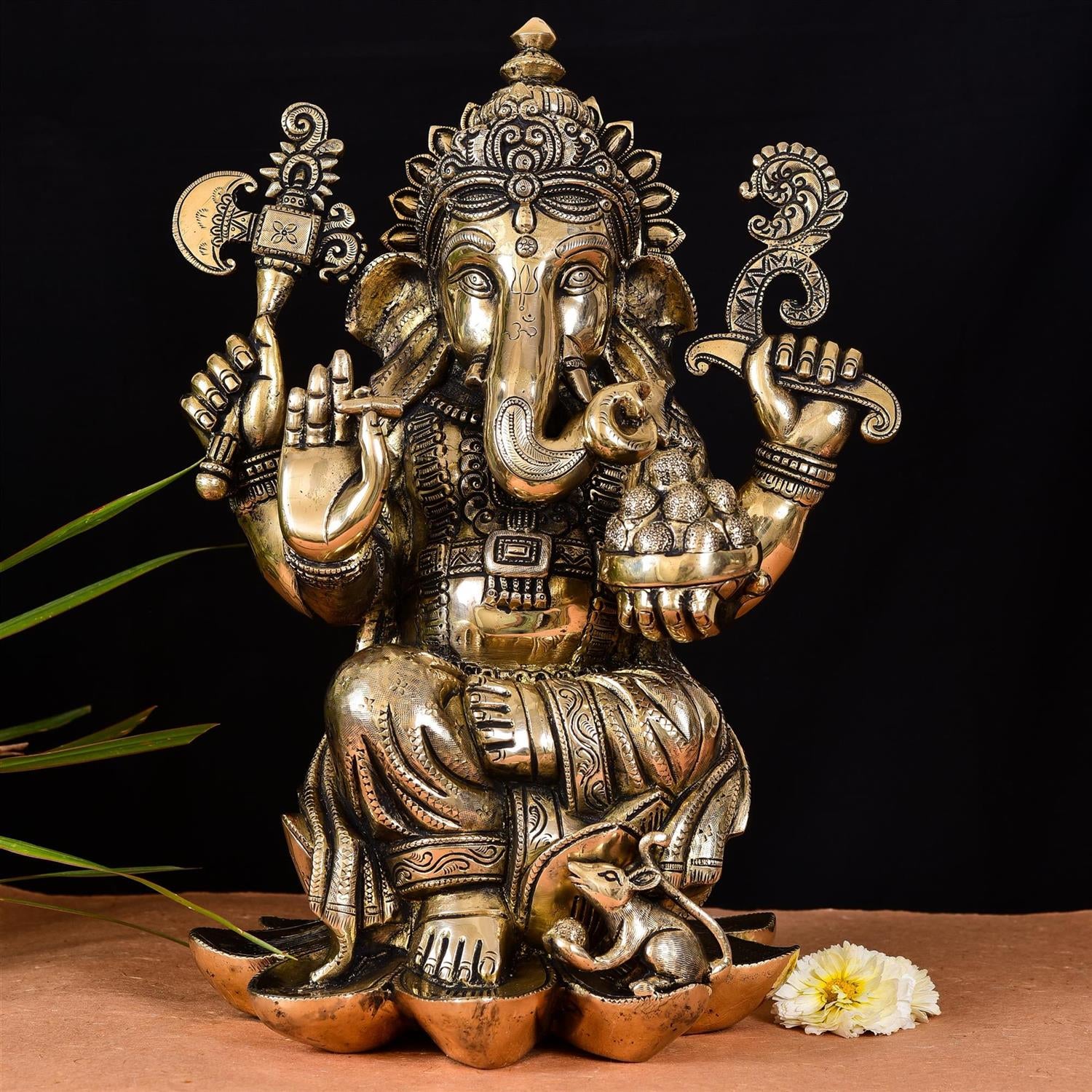 Brass Lotus Sitting Ganesha Idol (17 Inch)