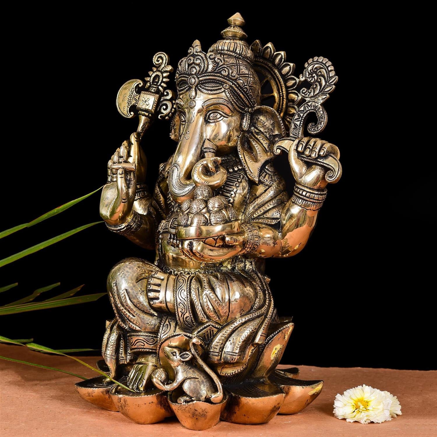Brass Lotus Sitting Ganesha Idol (17 Inch) - Image 2