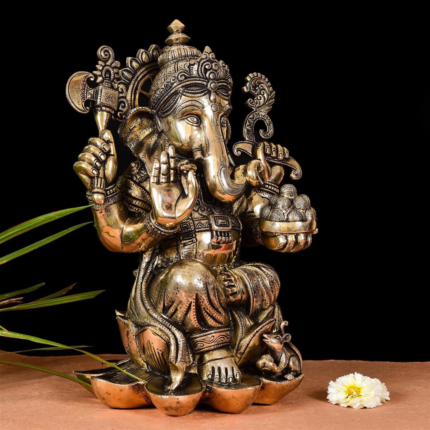 Brass Lotus Sitting Ganesha Idol (17 Inch) - Image 3