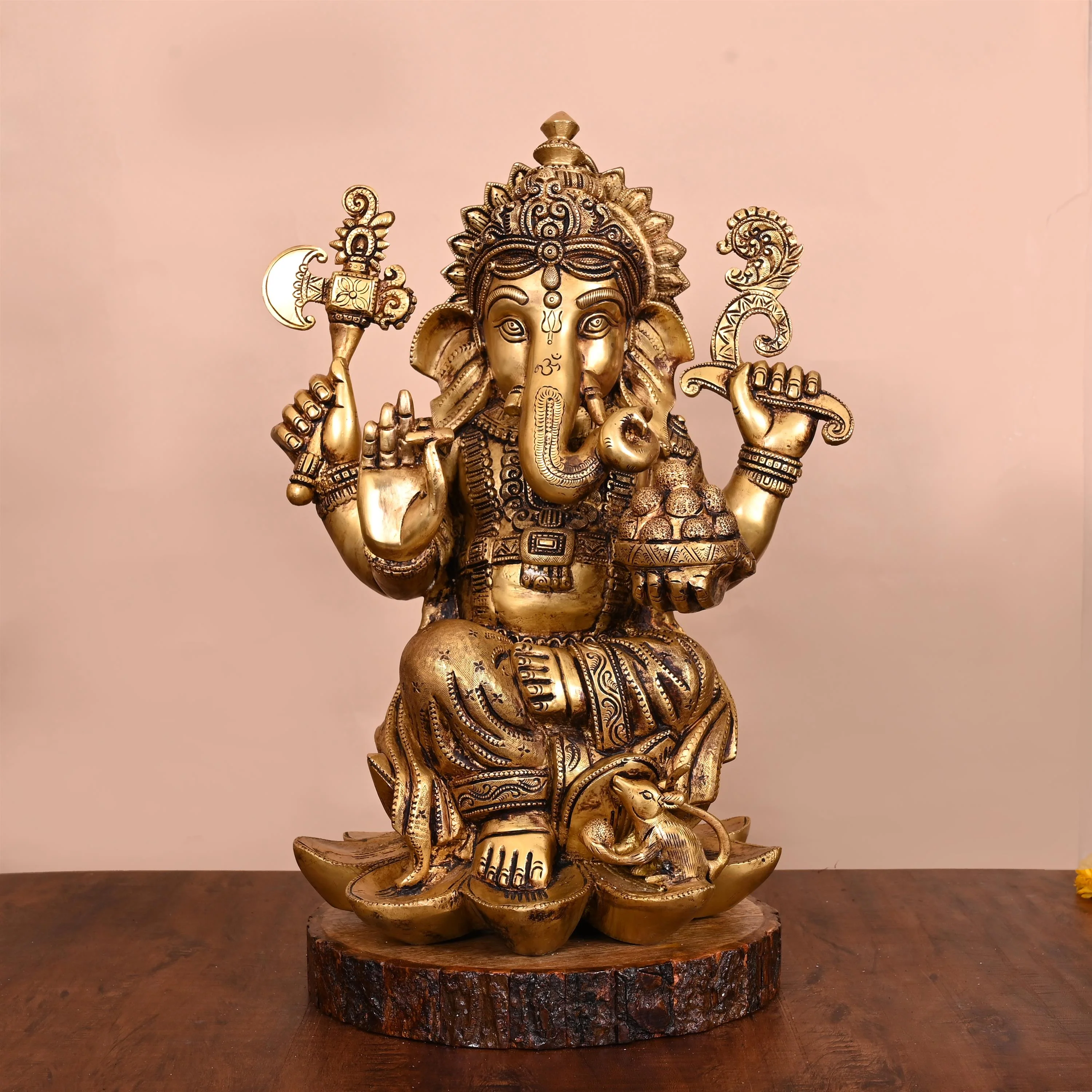 Brass Lotus Sitting Ganesha Statue (17 Inch)