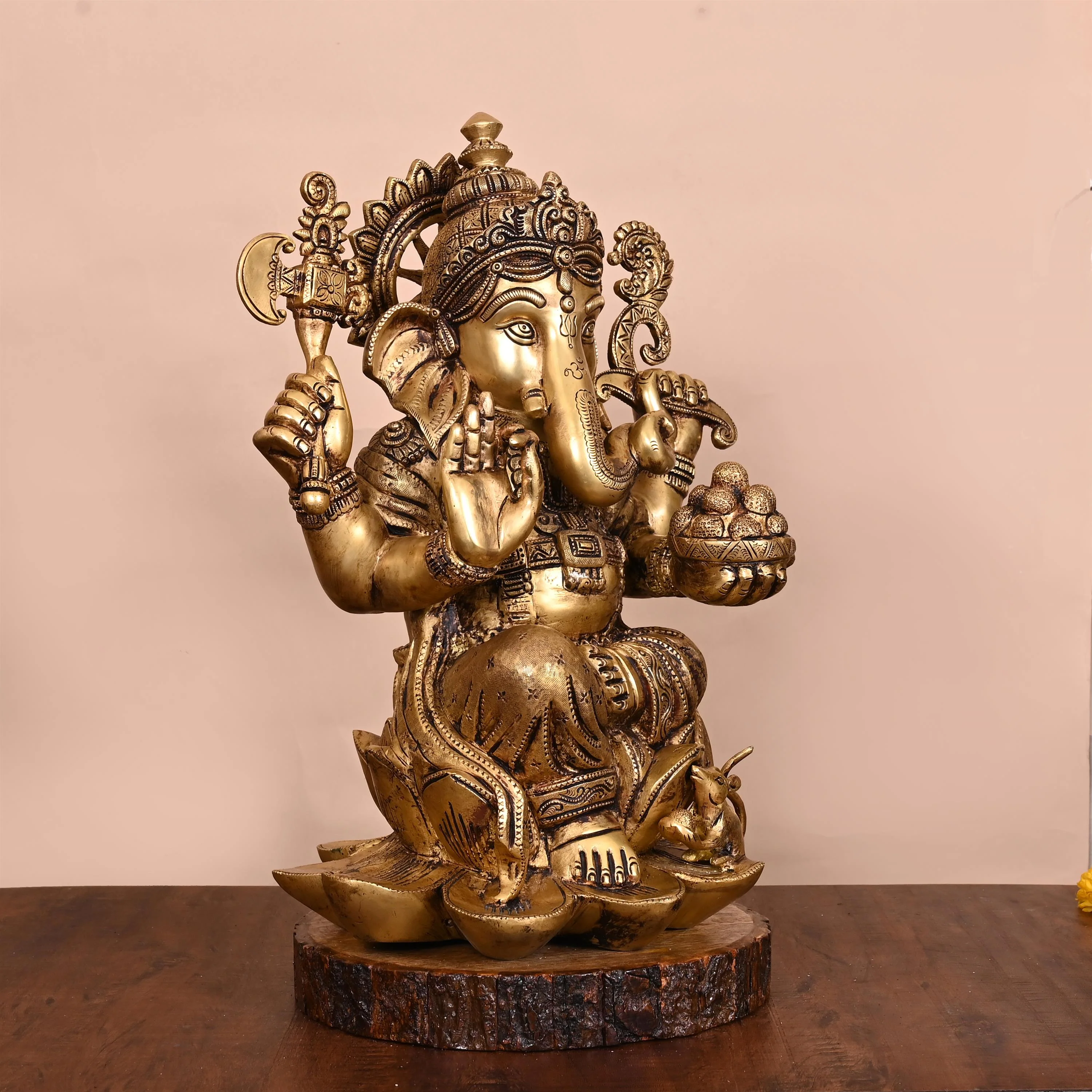Brass Lotus Sitting Ganesha Statue (17 Inch) - Image 2