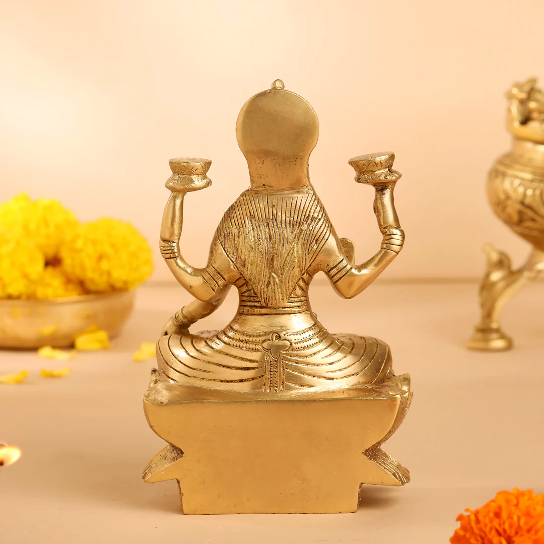 Brass Lotus Goddess Sitting Lakshmi Idol (6.5 Inch) - Image 3