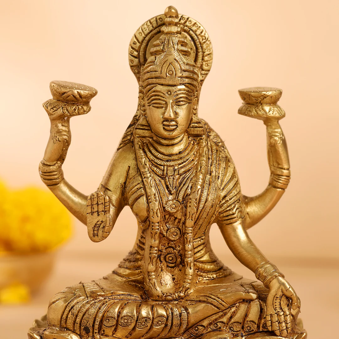 Brass Lotus Goddess Sitting Lakshmi Idol (6.5 Inch) - Image 4