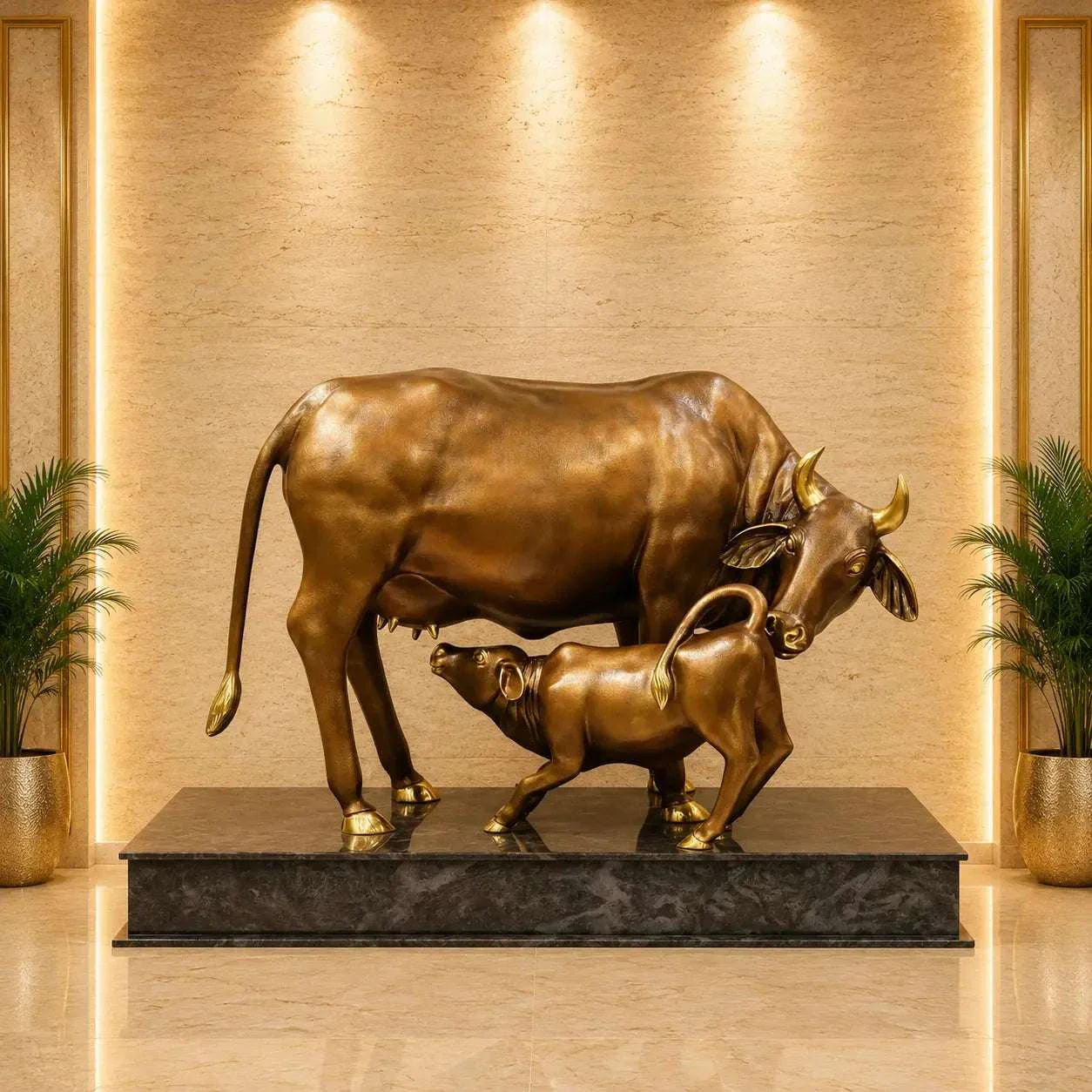 Brass Majestic Kamdhenu Cow with Calf Idol on Granite Base (33 Inch)