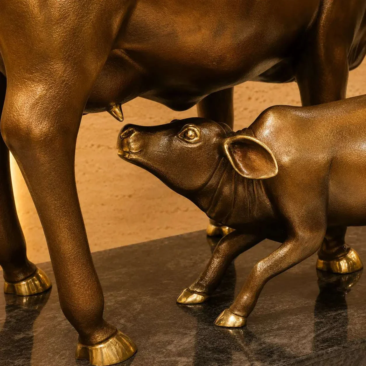 Brass Majestic Kamdhenu Cow with Calf Idol on Granite Base (33 Inch) - Image 3