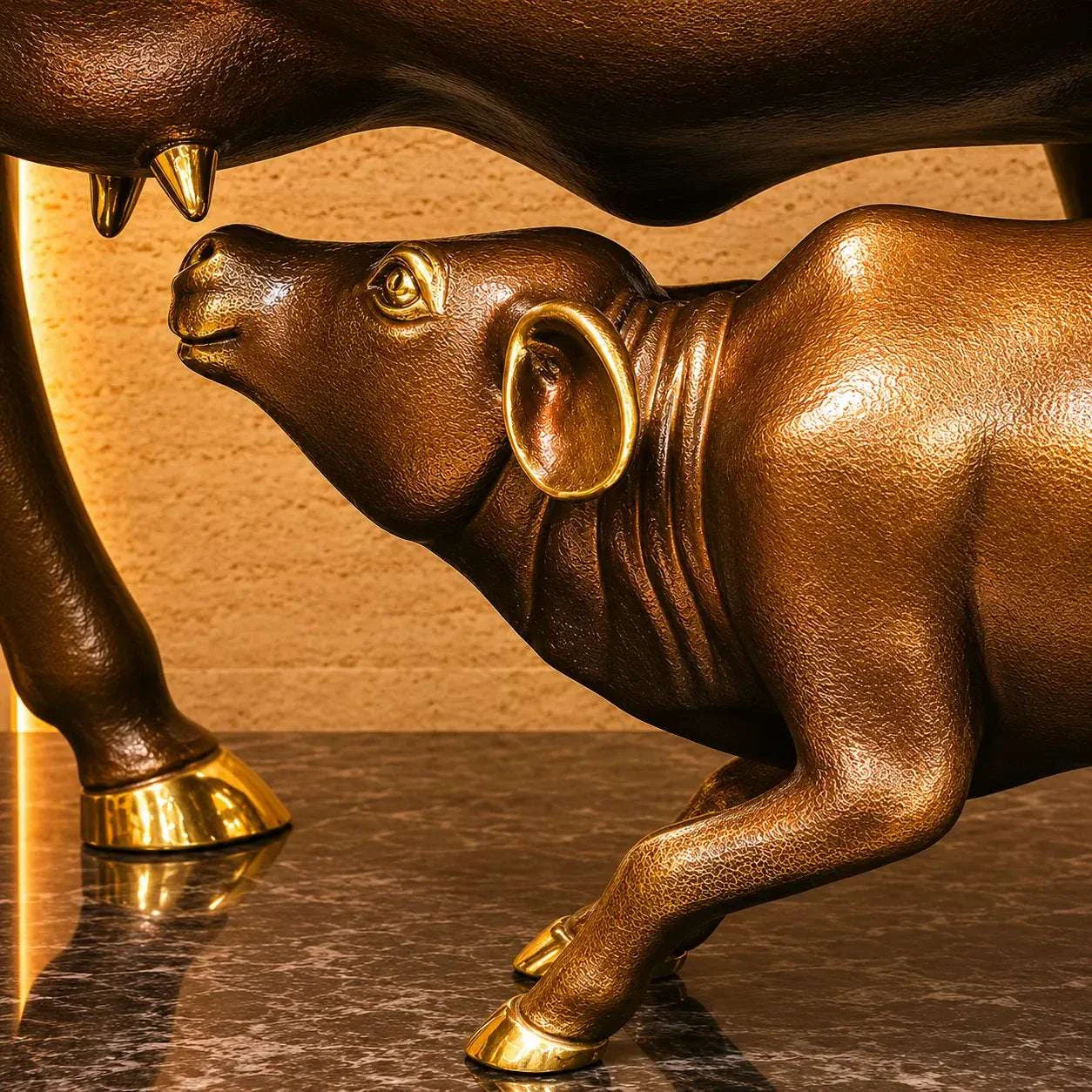 Brass Majestic Kamdhenu Cow with Calf Idol on Granite Base (33 Inch) - Image 5