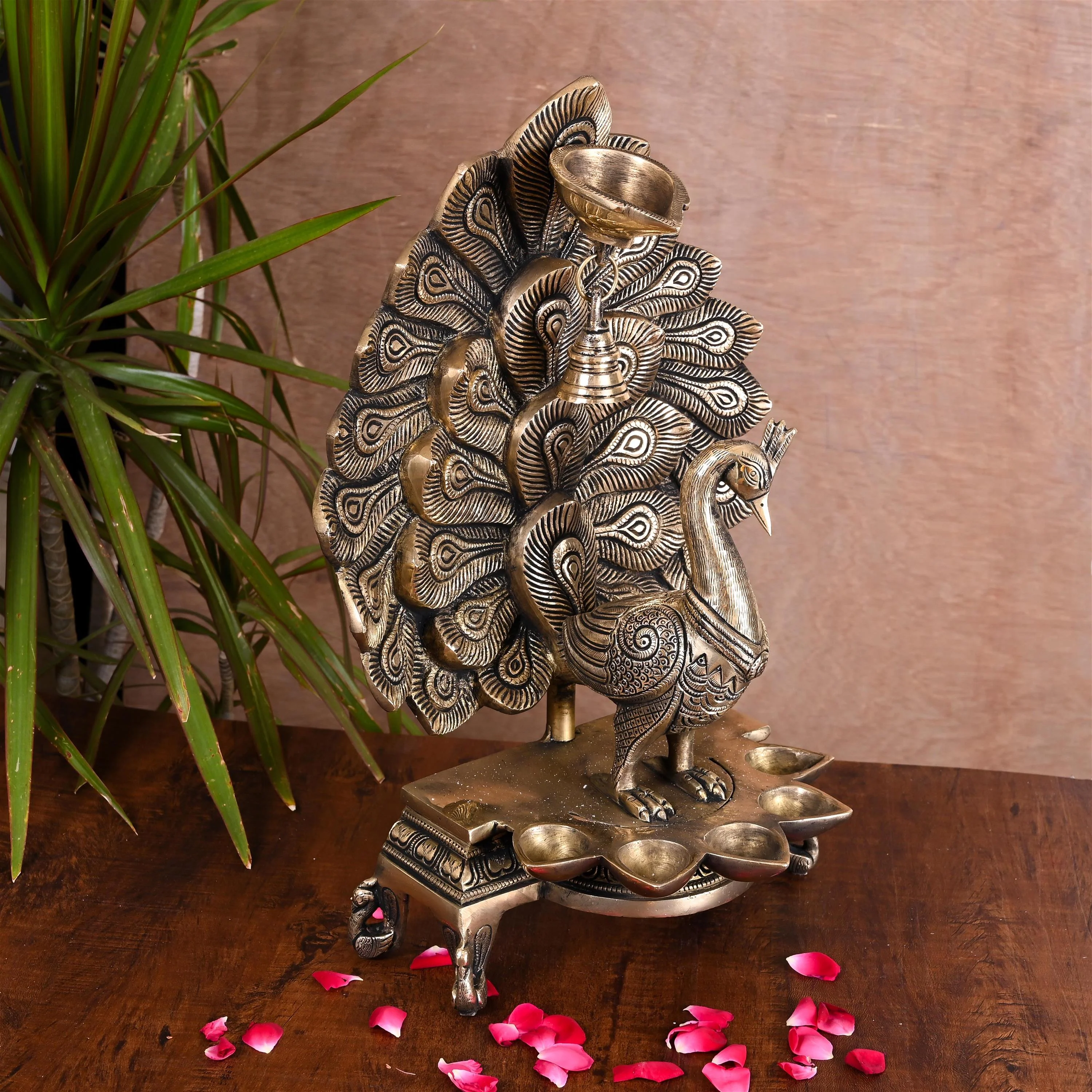 Brass Majestic Peacock Diya/Lamp With Bell (14.5 Inch) - Image 3