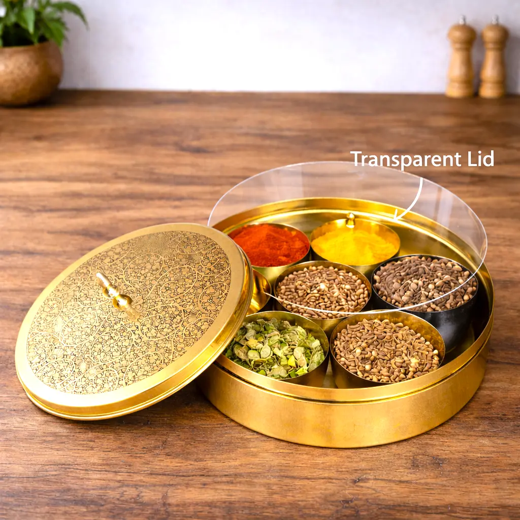 Brass Etched Floral Masala Daani / Spice Box (2.5 Inch) - Image 6