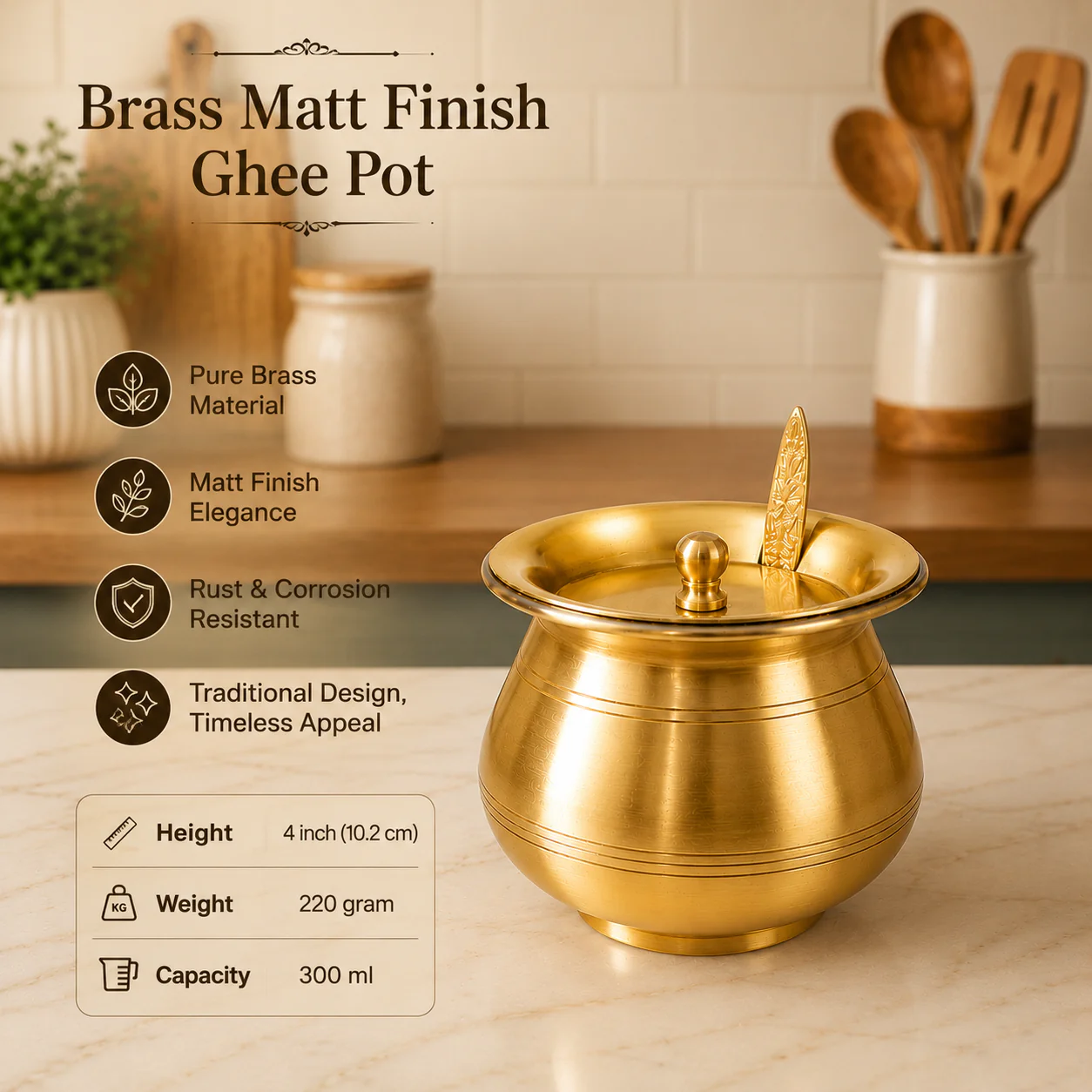 Brass Matt Finish Ghee Pot (3.5 Inch) - Image 3