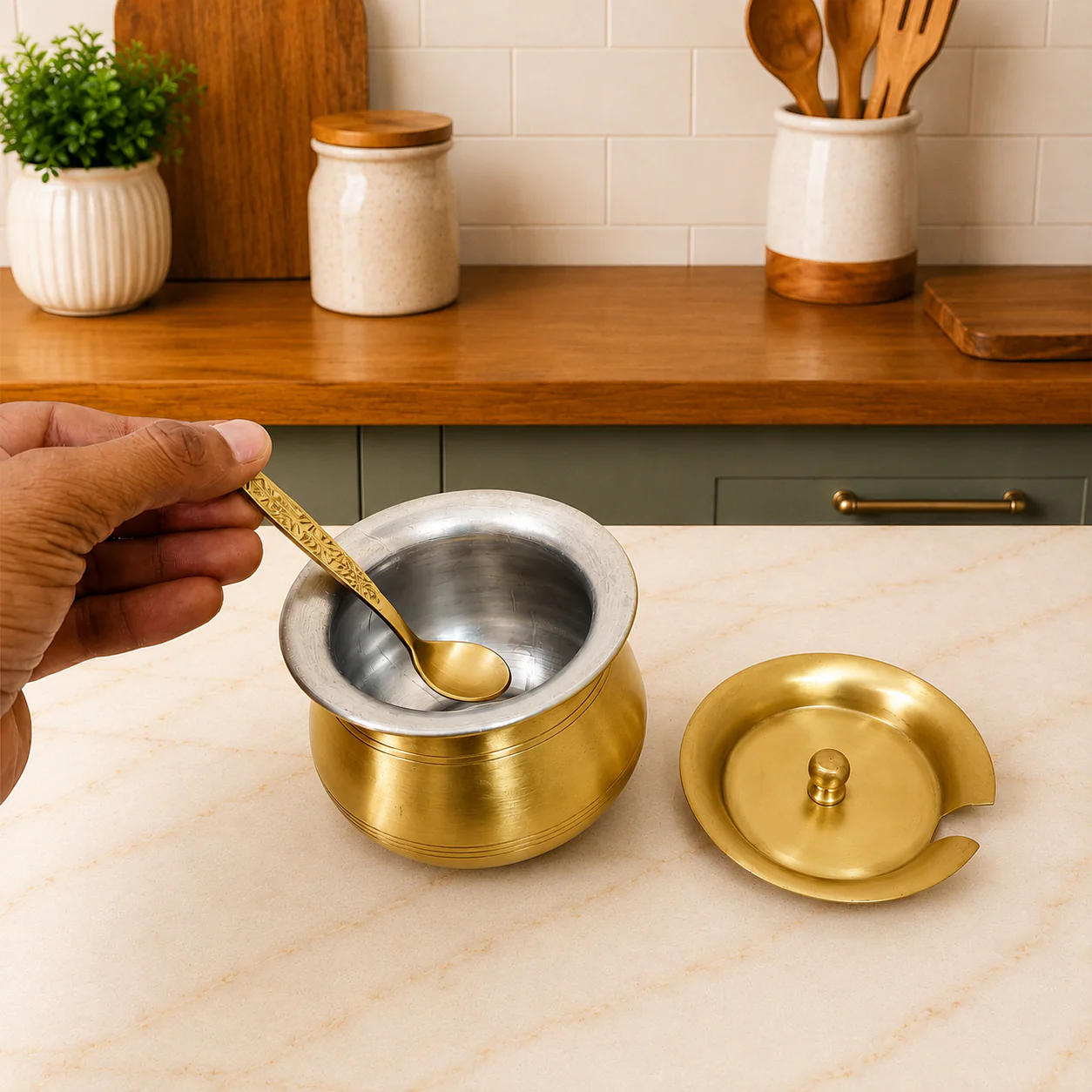 Brass Matt Finish Ghee Pot (3.5 Inch) - Image 6