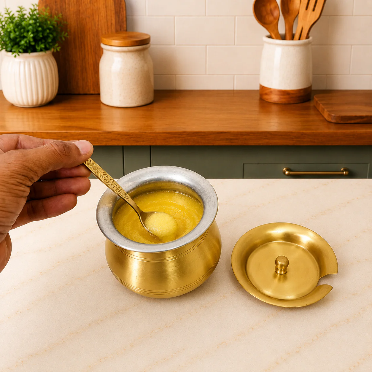 Brass Matt Finish Ghee Pot (3.5 Inch) - Image 7
