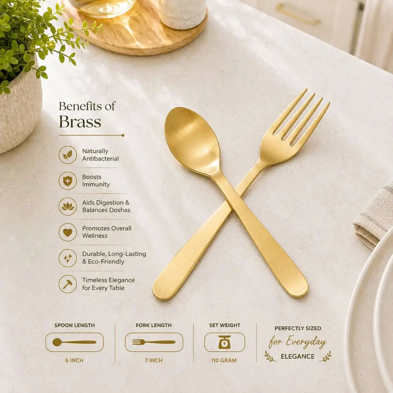 Brass Matt Fork & Spoon Set (7 Inch) - Image 12
