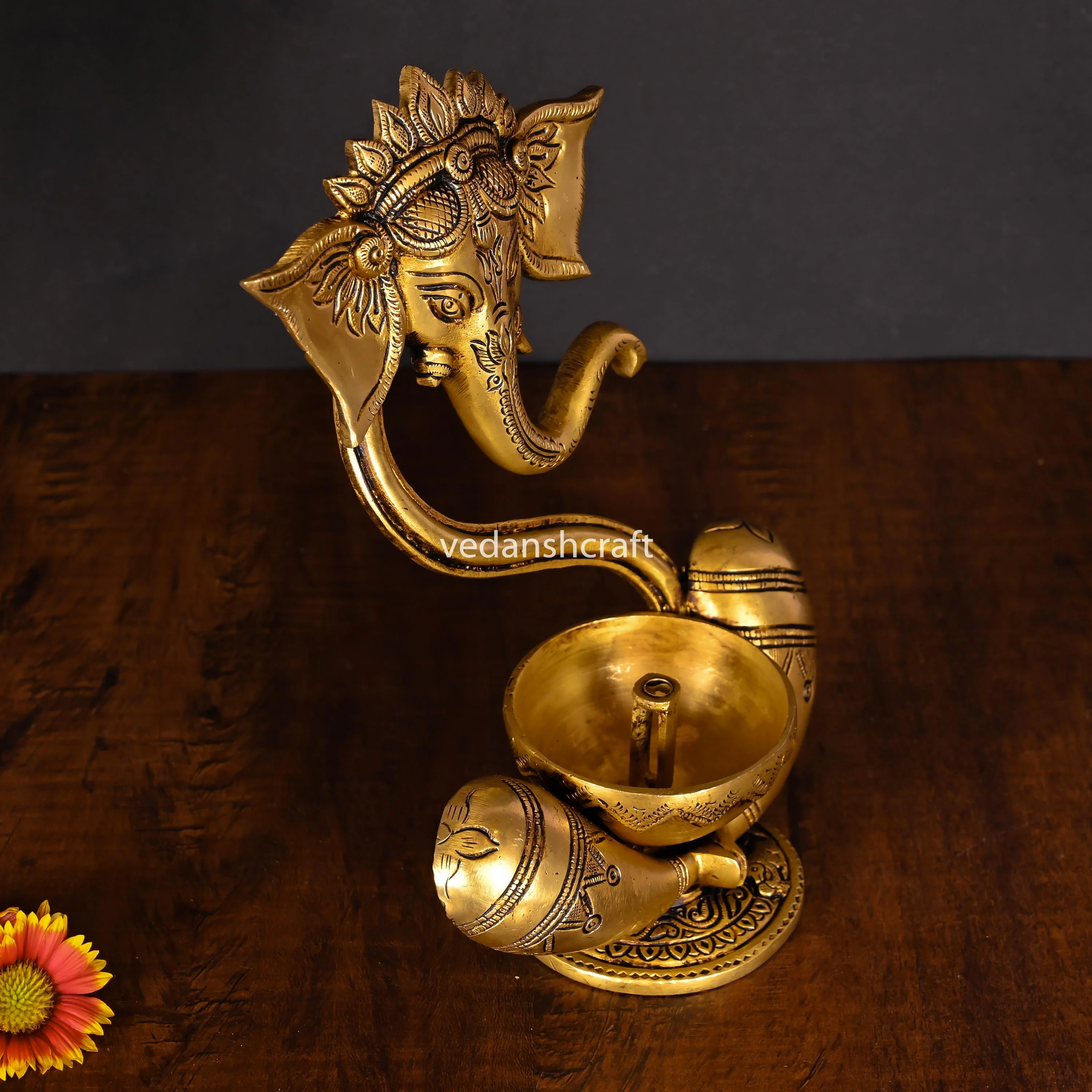 Brass Modern Ganesha Idol With Akhand Diya (8.8 Inch) - Image 3