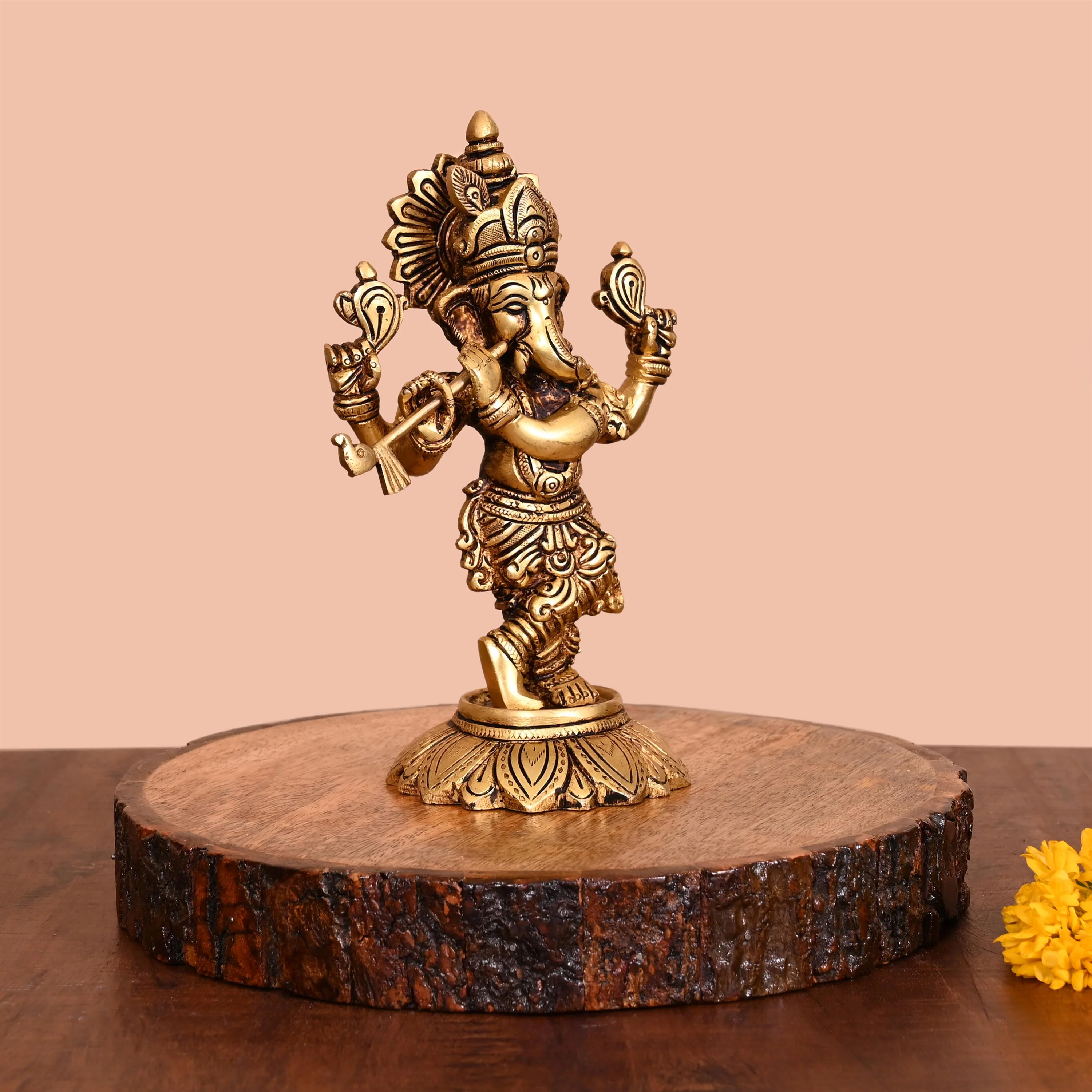 Brass Murli Standing Ganesha Idol (7.5 Inch) - Image 2