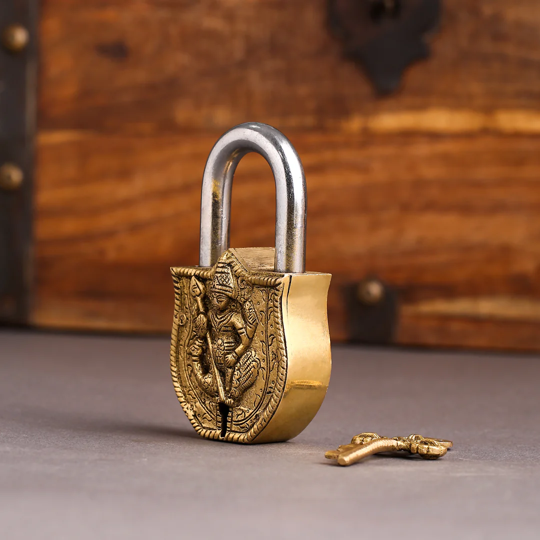 Brass Murugan Door Lock With Three Brass Keys (4.5 Inch)